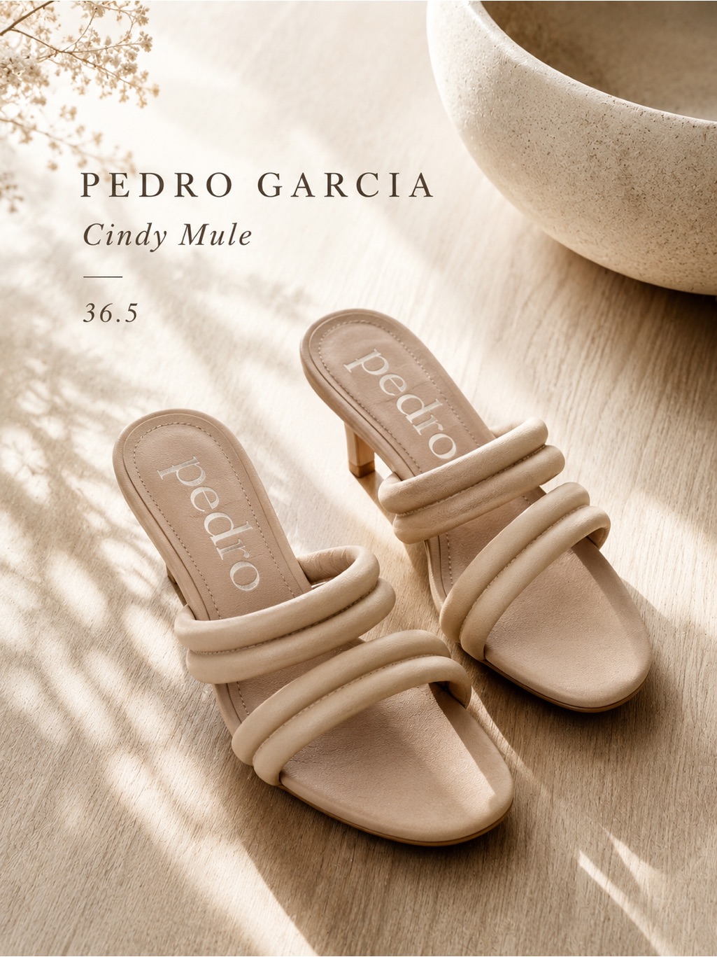 Pedro Garcia Cindy Leather Triple Strap Mule Sandals Beige Kitten Heel Size 36.5